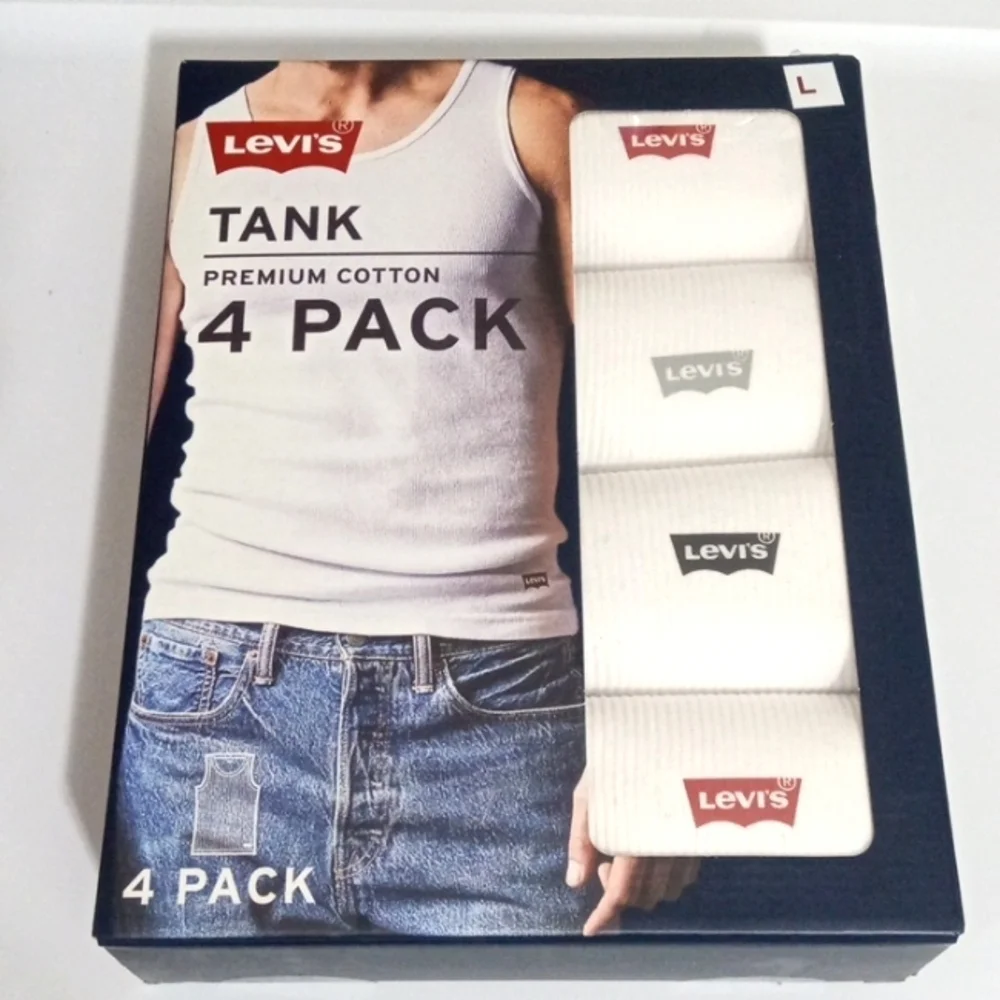 LEVI'S WHITE RIBBED PREMIUM COTTON 4 PACK TANK TEE SHIRTS SIZE LARGE 42-44 NWT